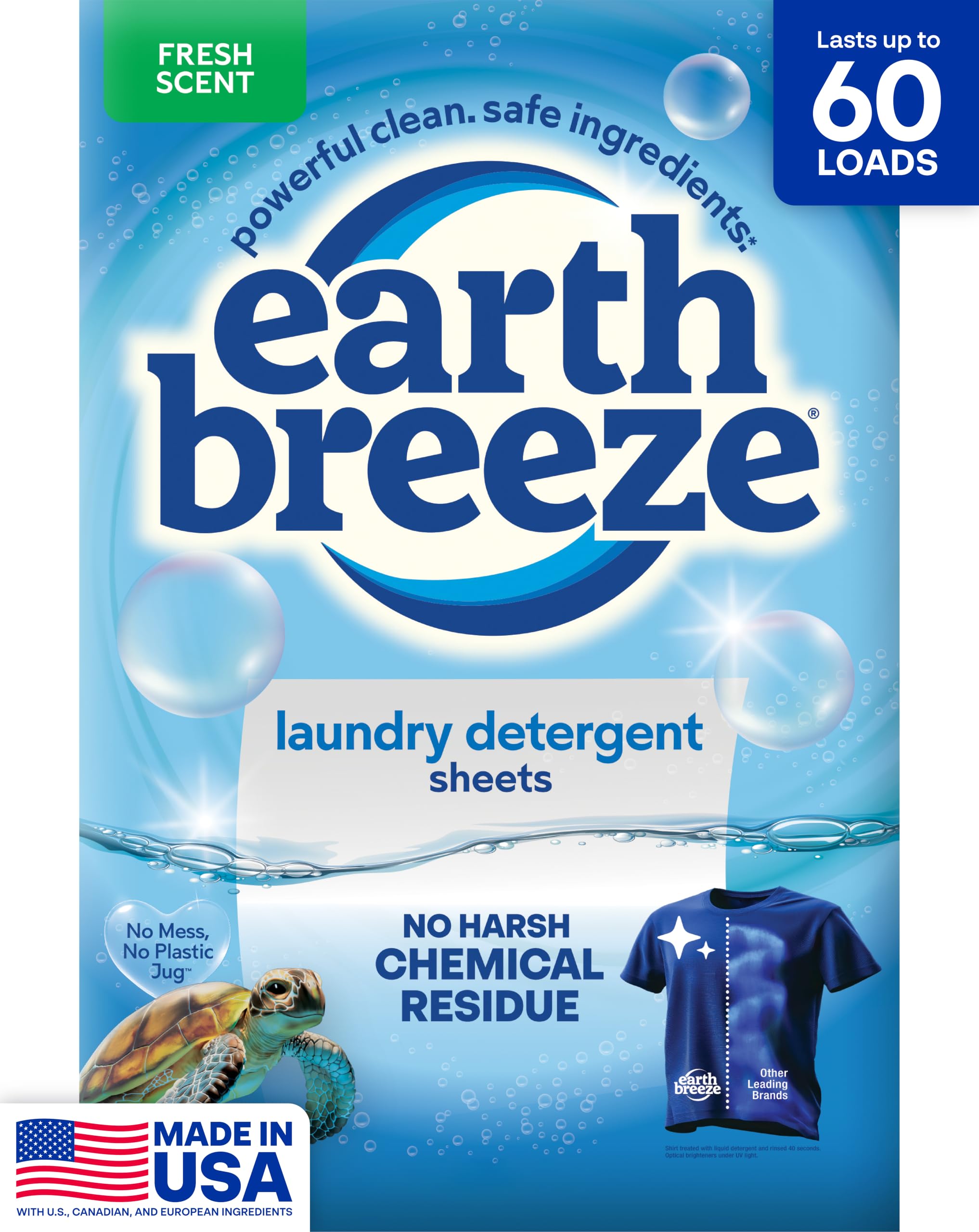 Earth Breeze Laundry Detergent Sheets Fresh Scent 60 Loads | Travel-Friendly for