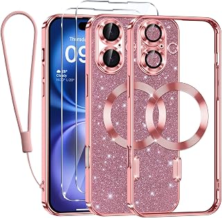Kokio Mobile Phone Chain for iPhone 16, Case with Strap, [Compatible with MagSafe] Glittering Magnetic Mobile Phone Case for iPhone 16 with 2 Protective Films, Shockproof Silicone TPU Protective Case, Pink