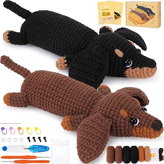 Fortuning's JDS Crochet Kit for Beginners, 2 PCS Dachshund Crochet Kits | Beginner Crochet Kit for Adults Kid w/ Step-by-Step Video Tutorials, Crochet Animal Kit, Dog Craft Knitting Kit Crochet Gifts