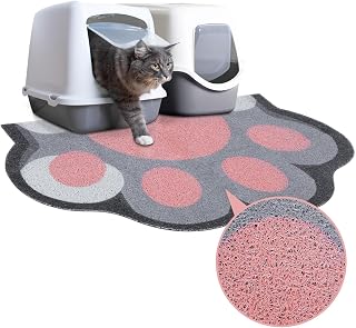 Cat Litter Mat Trapper, 35" x 24" Extra Large Kitty Litter Mat, Waterproof & Non-Slip Spaghetti Litter Box Mat for Litter Tray and Pet Food Bowl, Easy to Clean, Paw Shape, Pink & Gray