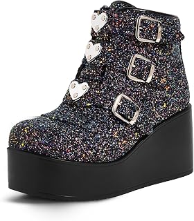 LUCKY STEP レディース プラットフォーム チャンキー アンクルブーツ - ラウンドトゥ ジッパー ウェッジ ハイヒール レイブ バックル 厚底 ゴスブーツ