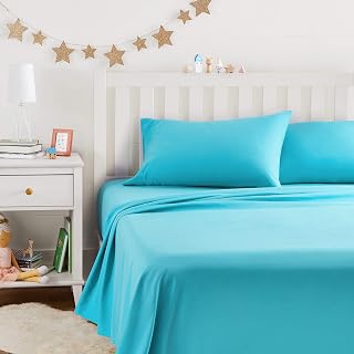 Amazon Basics Kid's Breathable Soft Microfiber 4-Piece Sheet Set, Easy-Wash, Full, Bright Aqua, Solid