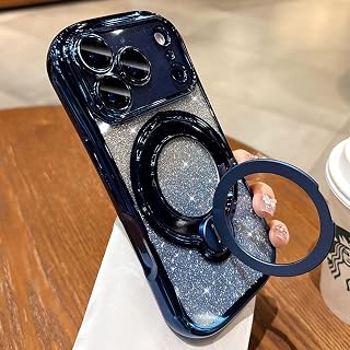 360 Spin Magnetic Stand for iPhone 17 Pro Max Case Glitter,Blue