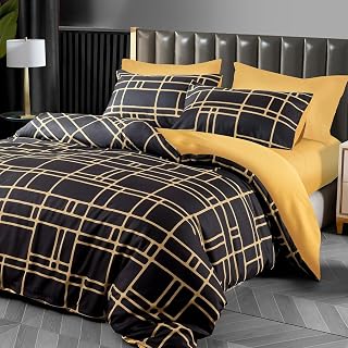 Pamposh Bedding Set, Microfibre Duvet Cover Set Charcoal with Zip, Premium Quality for Allergy Sufferers (Black and Gold, 1 x 135 x 200 cm) + (1 x Pillowcase 80 x 80 cm)