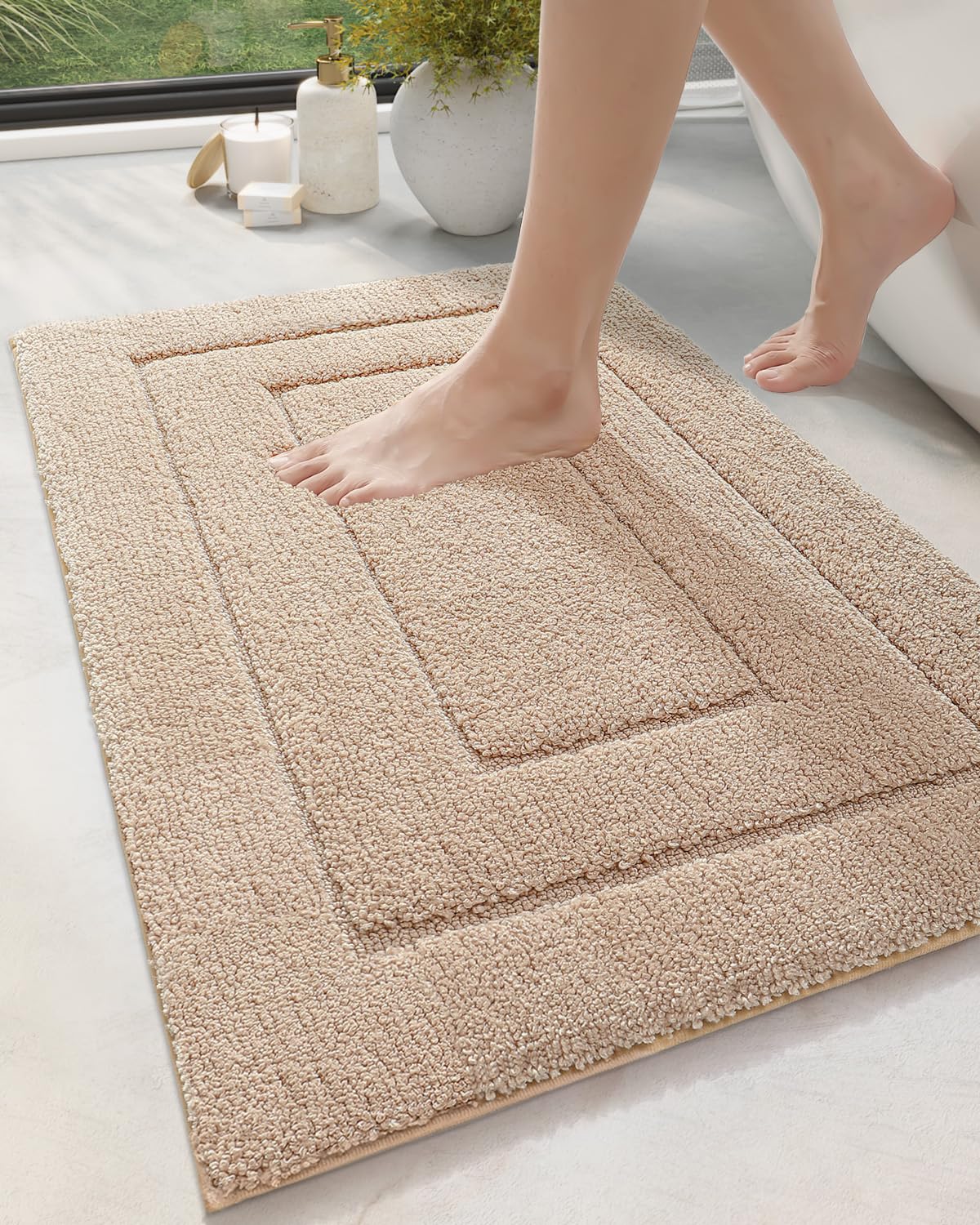 DEXI Bath Mat Non Slip 16x24, Absorbent Bathroom Rug Washable Beige Bathmat | So