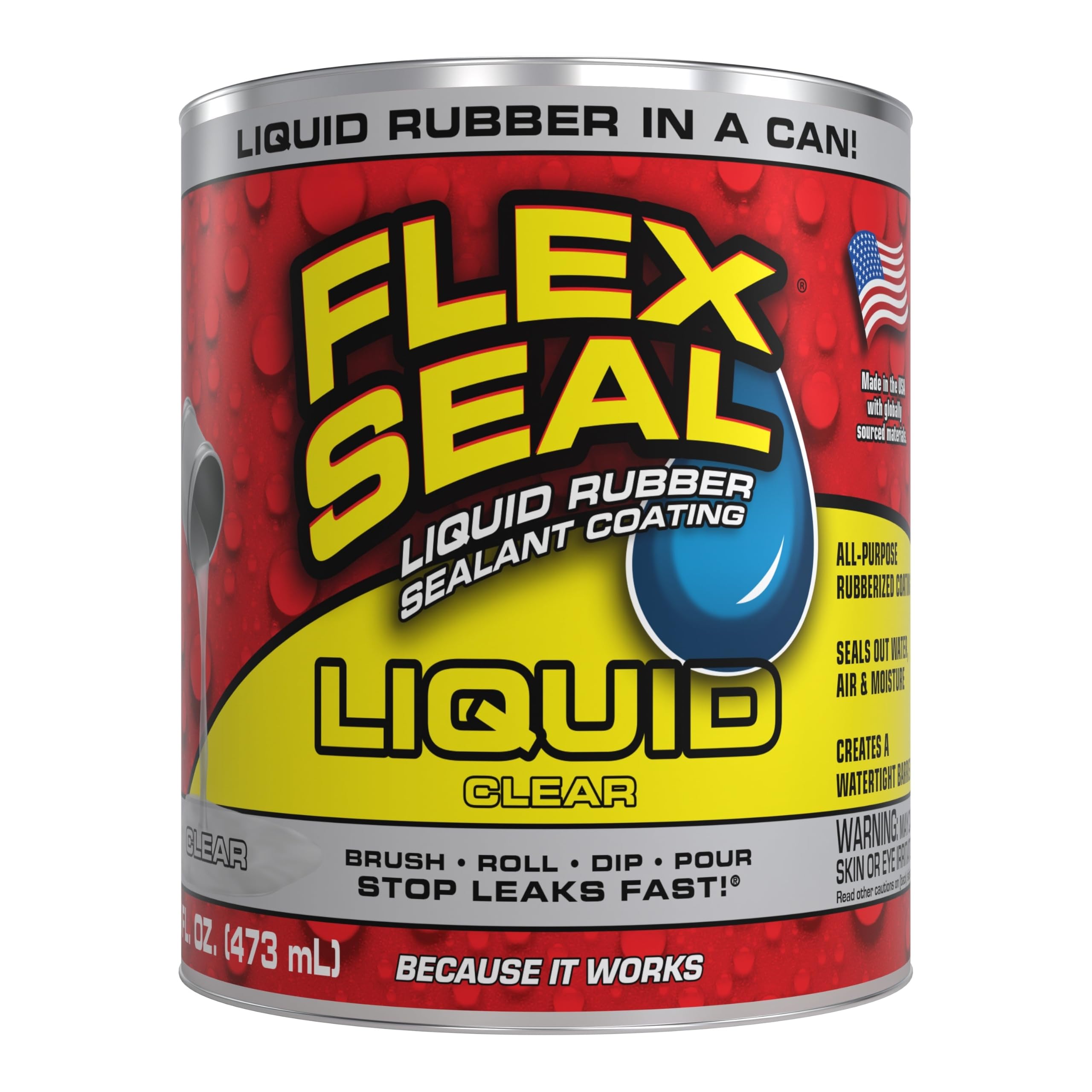 Flex Seal Liquid Rubber Sealant Coating, Waterproof, Clear, 16 oz | Stops leaks 