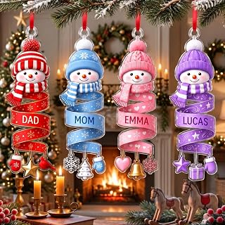Personalized Snowman Spiral Ornament for Christmas Tree Decor, Custom Snowman 2D Flat Acrylic Christmas Ornaments with Names, Xmas Gifts for Kids, Baby, Family Members, Xmas Home Decor 5