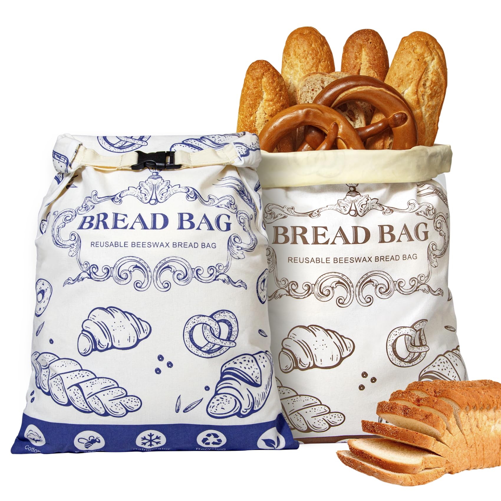 2 Pcs Beeswax Bread Bags,With Buckle Reusable Bread Bag,Large Capacity for Homem