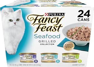 Purina Fancy Feast Grilled Seafood Wet Cat Food, 3 oz Cans, 24-Pack | Variety Pack, crafted with real seafood in savory gravy. Made with no Artificial Colors or Preservatives.
