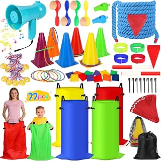 FUSPWEAO 77 Pcs Field Day Games, 8-in-1 Outdoor Games for Kids and Adults | Potato Sack Race Bags, Tug of War Rope, Bean Bags, Ring Toss, Megaphone for Carnival, Lawn, Backyard, School, Birthday, Beach