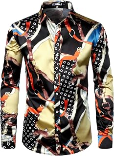 ZEROYAA Men's Printed Design Satin Button Up Dress Shirt