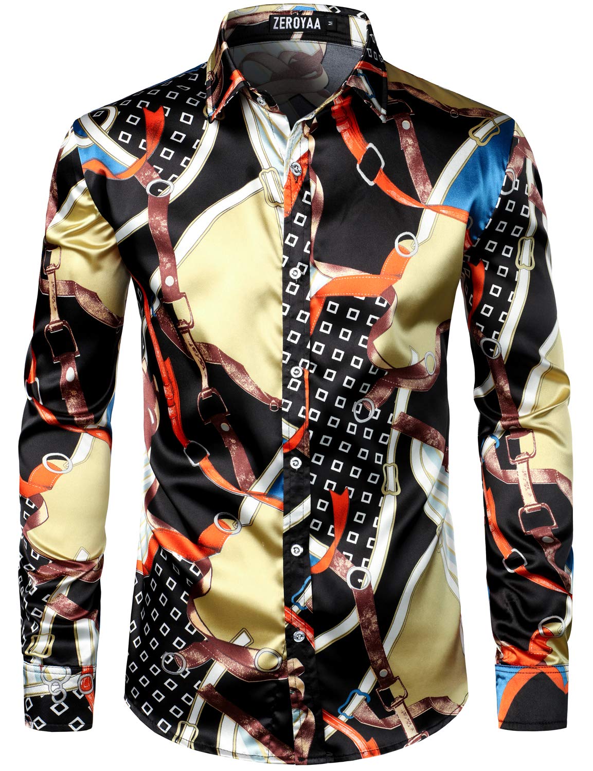 ZEROYAA Men's Printed Design Satin Button Up Dress Shirt