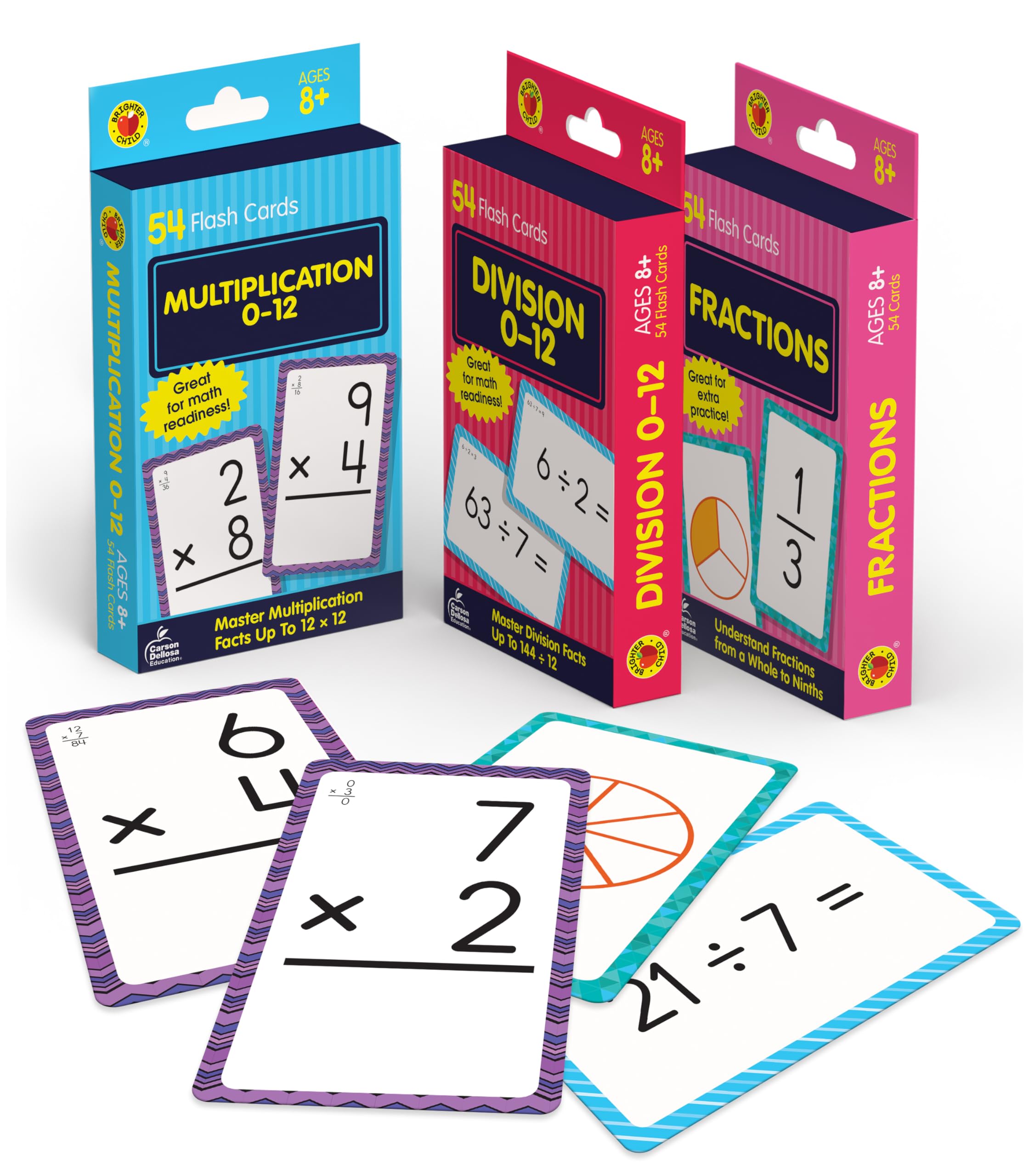 Carson Dellosa 3-Pack Math Flash Cards, Ages 8-12, Multiplication | Division, an