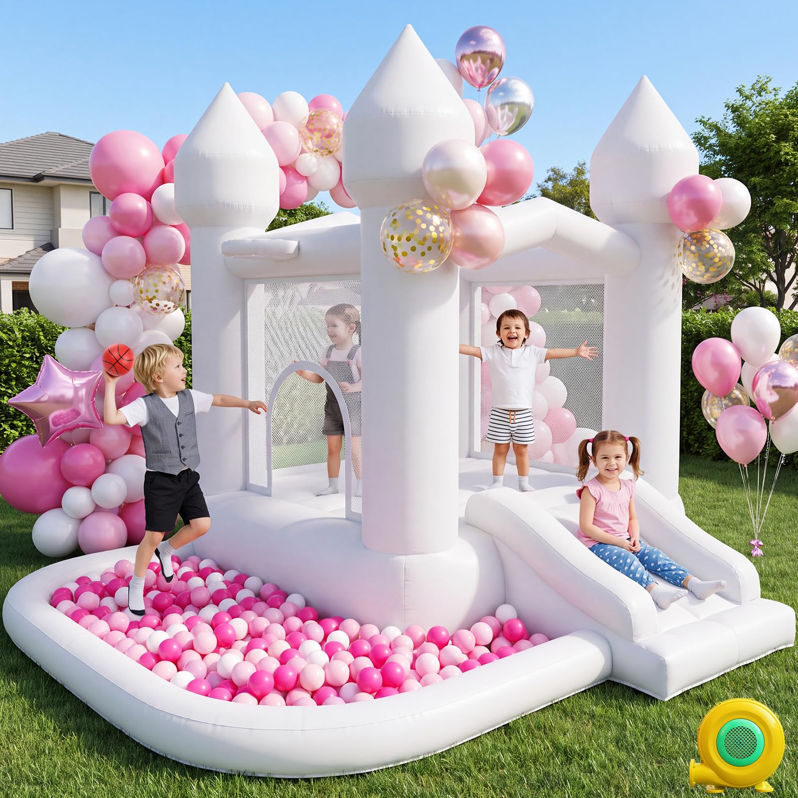 FBSPORT White Inflatable Bounce House, Bouncy Castles for Kids | with Jumping & 