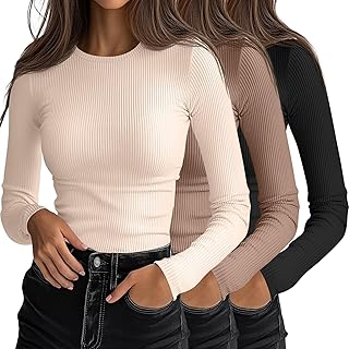 Ficerd - Pack of 3 Women's Long Sleeve T-Shirts Slim Fit Round Neck Casual Ribbed Knit Tops