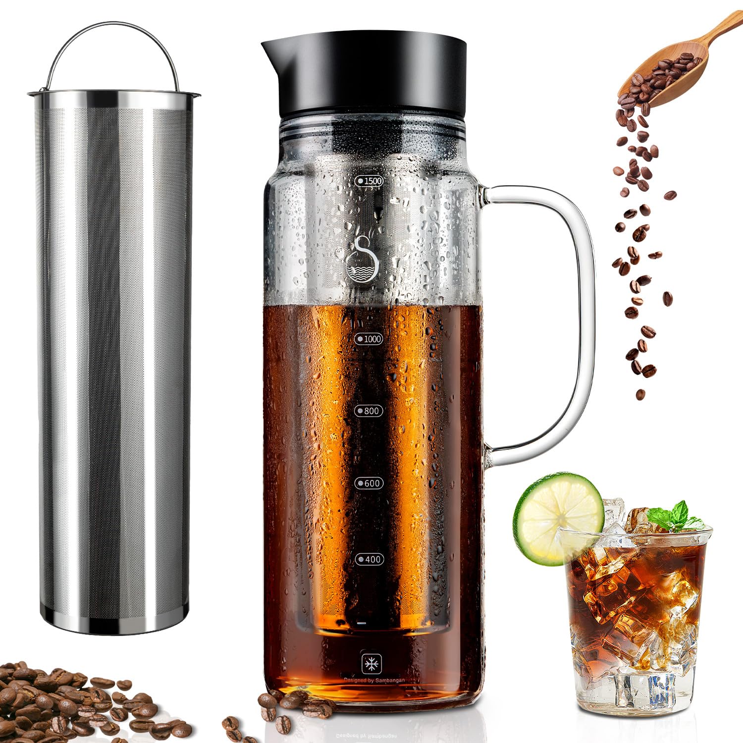 SAMBANGAN Cold Brew Coffee Maker Iced Coffee Maker Ice Tea Maker Glass Airtight 