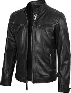 fjackets Mens Leather Jacket Moto Style Real Lambskin Leather Jacket, Quilted Cafe Racer Classic Zip Up Biker Jacket for Mens