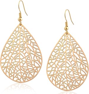 Teardrop Leaf Dangle Earrings for Women, Lightweight Hollow Drop Earrings | 14K Gold Plated & Silver & Rose Gold Tone Handmade Hypoallergenic Dangling Earrings, Jewellery Gift for Her