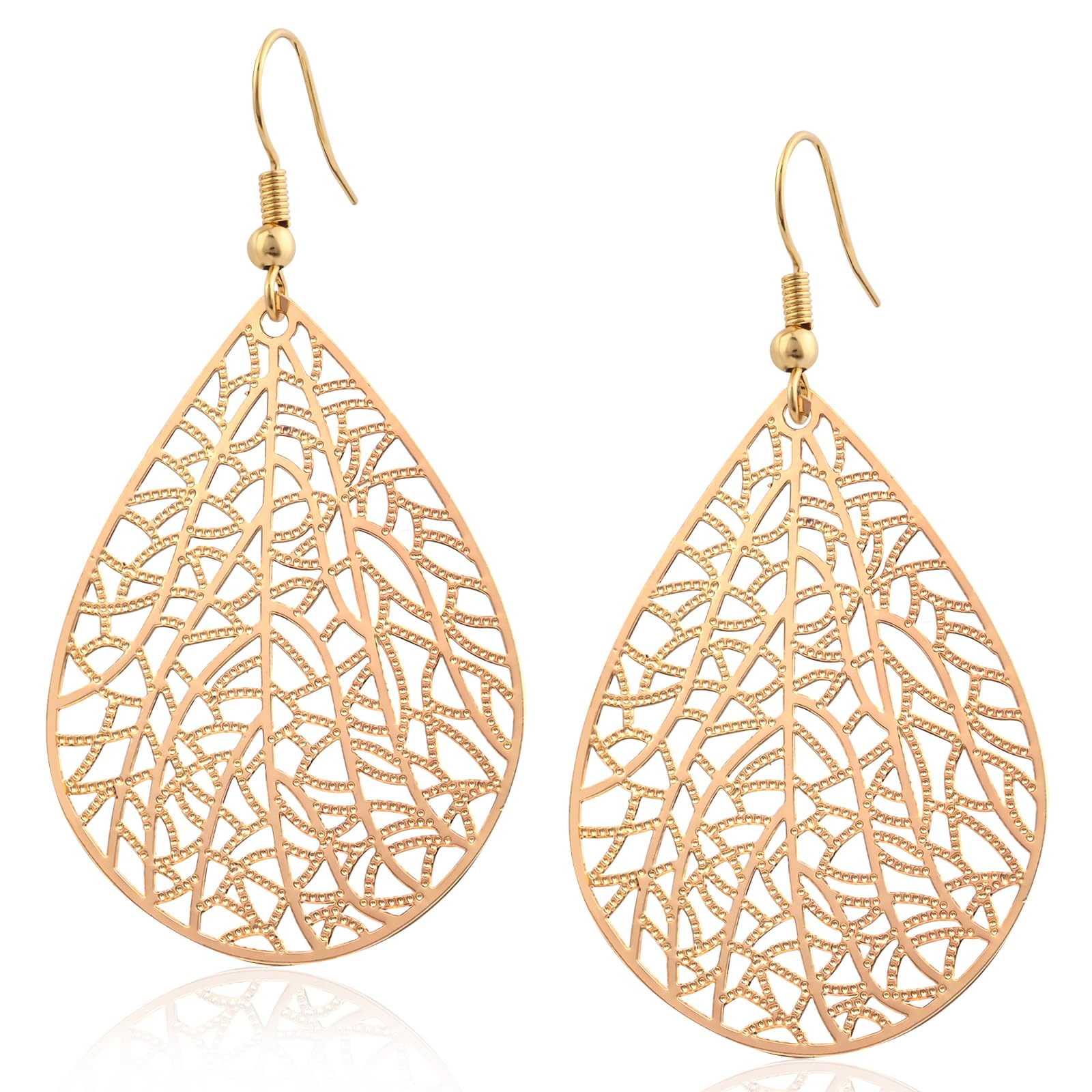 Teardrop Leaf Dangle Earrings for Women, Lightweight Hollow Drop Earrings | 14K 