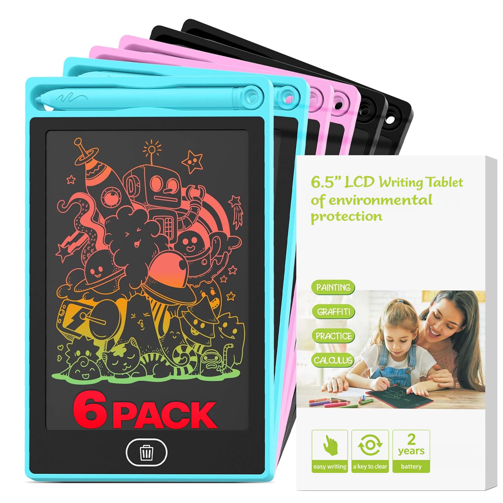 6-Pack LCD Writing Tablet for Kids - Writing Tablets, 6.5" Doodle Board, One-Cli