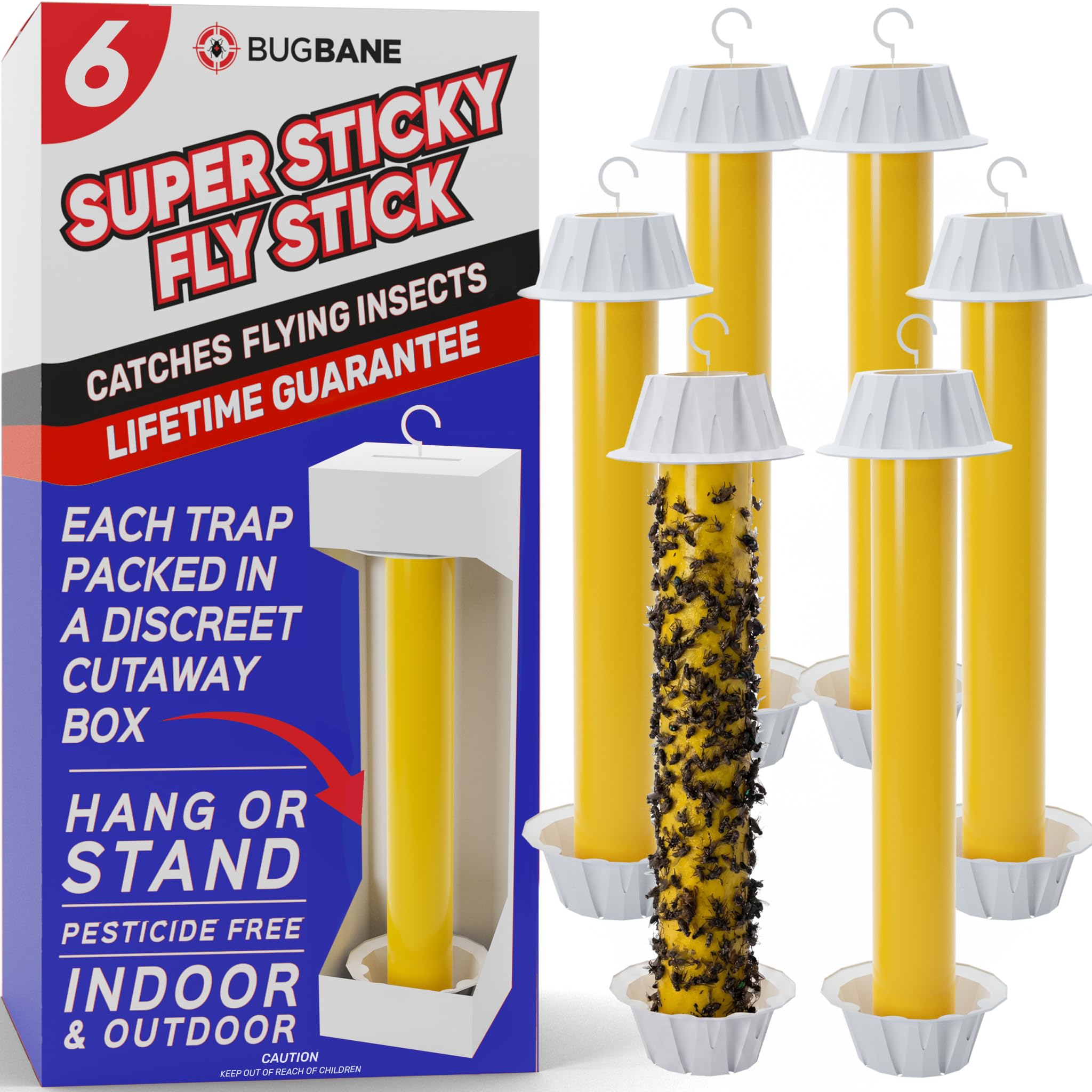 Fly Stick Sticky Fly Traps for Indoors Outdoor 6pk. Non-Toxic Super Sticky Hangi