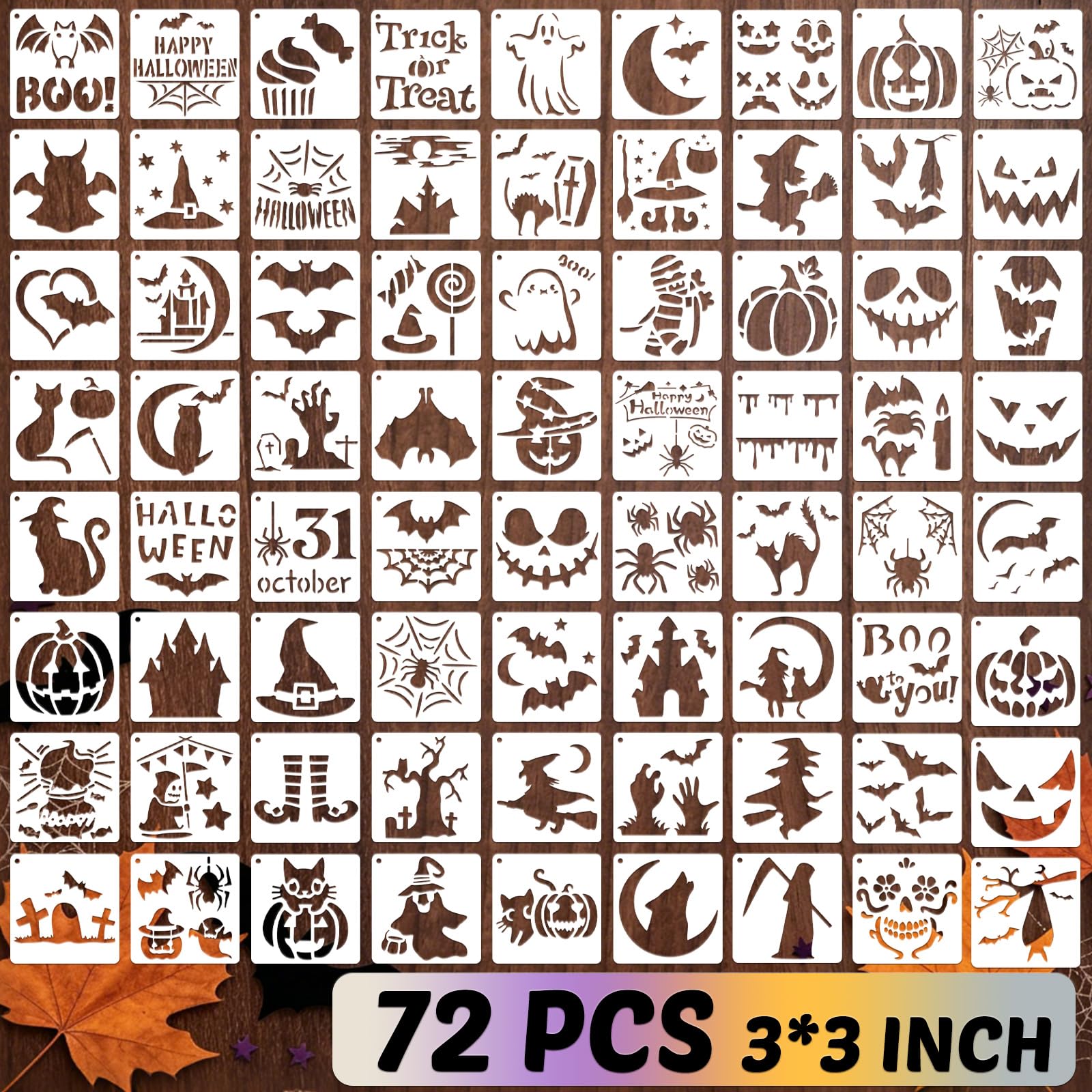 72 Pcs Halloween Stencils for Painting Set, 3*3 Inch Reusable Bat Cat Ghost Scar