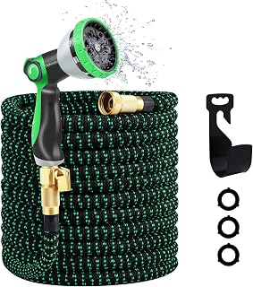 Expandable Garden Hose, Water Hose 100ft with 10 Function Nozzle, Flexible Hose with 3/4" Solid Brass Fittings, Extra Strength Fabric, Easy Storage Kink Free, Black & Green