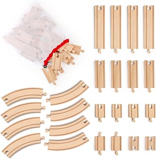 WudBudz Wooden Train Tracks 24 Pcs Set - Compatible with All Major Brands | Wood Track Expansion Pack with Storage Bag, Includes Male/Female Adapters, Great Birthday Gift for Girls & Boys