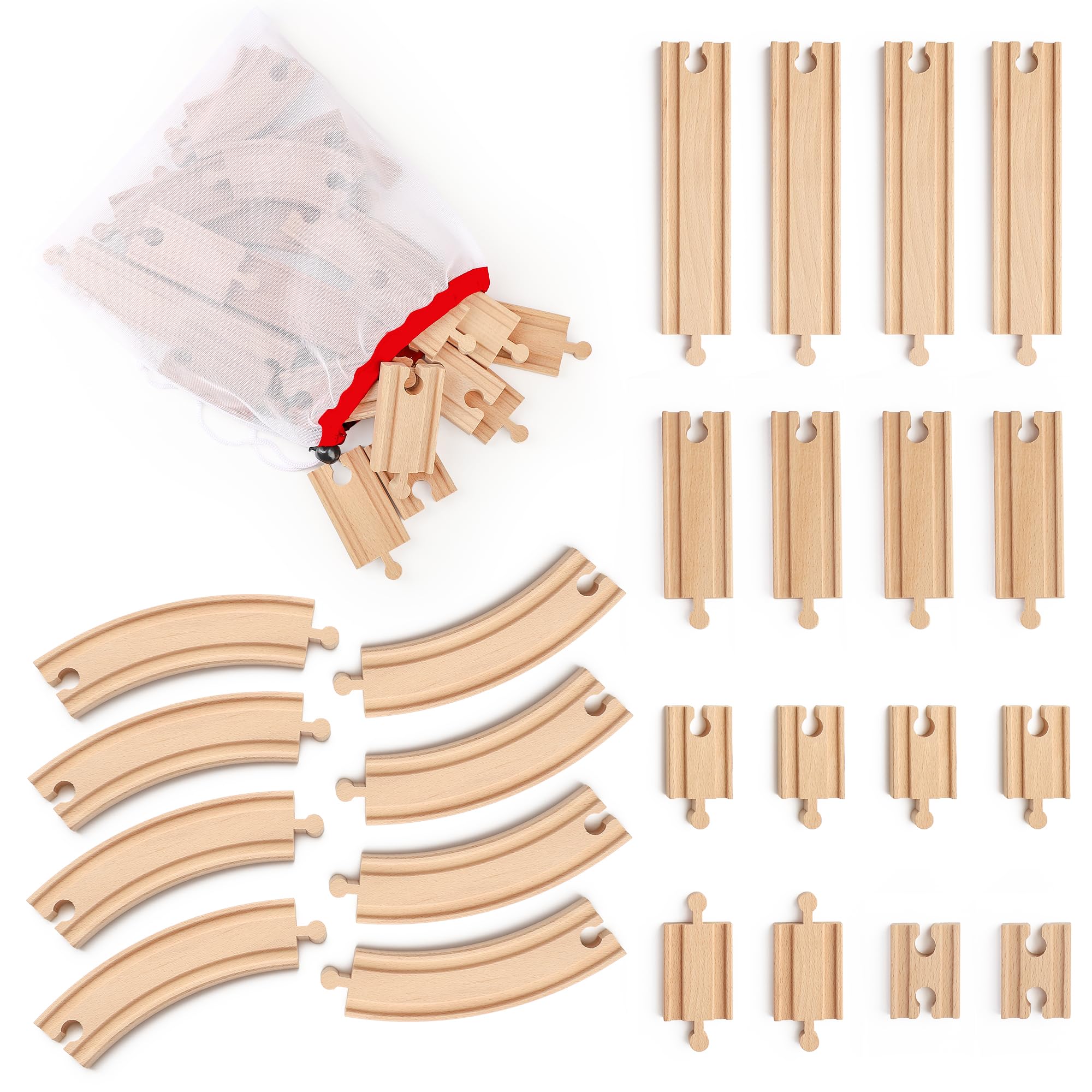 WudBudz Wooden Train Tracks 24 Pcs Set - Compatible with All Major Brands | Wood