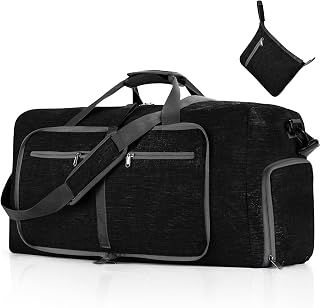 Vomgomfom Foldable Travel Bag, 65L Foldable Travel Duffel Bag with Shoes Compartment, Overnight Bag for Men, Women, Waterproof and Tear Resistant, B Black