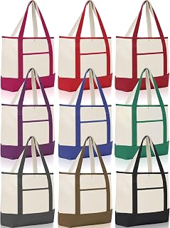 Sanwuta 9 Pcs Canvas Tote Bags Bulk with Outer Pocket 18‘', Dark Colors