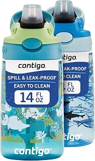 Contigo Aubrey Kids Water Bottle, Dinos & Sharks, 14oz, 2-Count | Spill-Proof Lid, Easy-Clean Pop-Up Straw, BPA-Free, Dishwasher Safe, One-Hand Drinking, Includes 2-Pack 14oz
