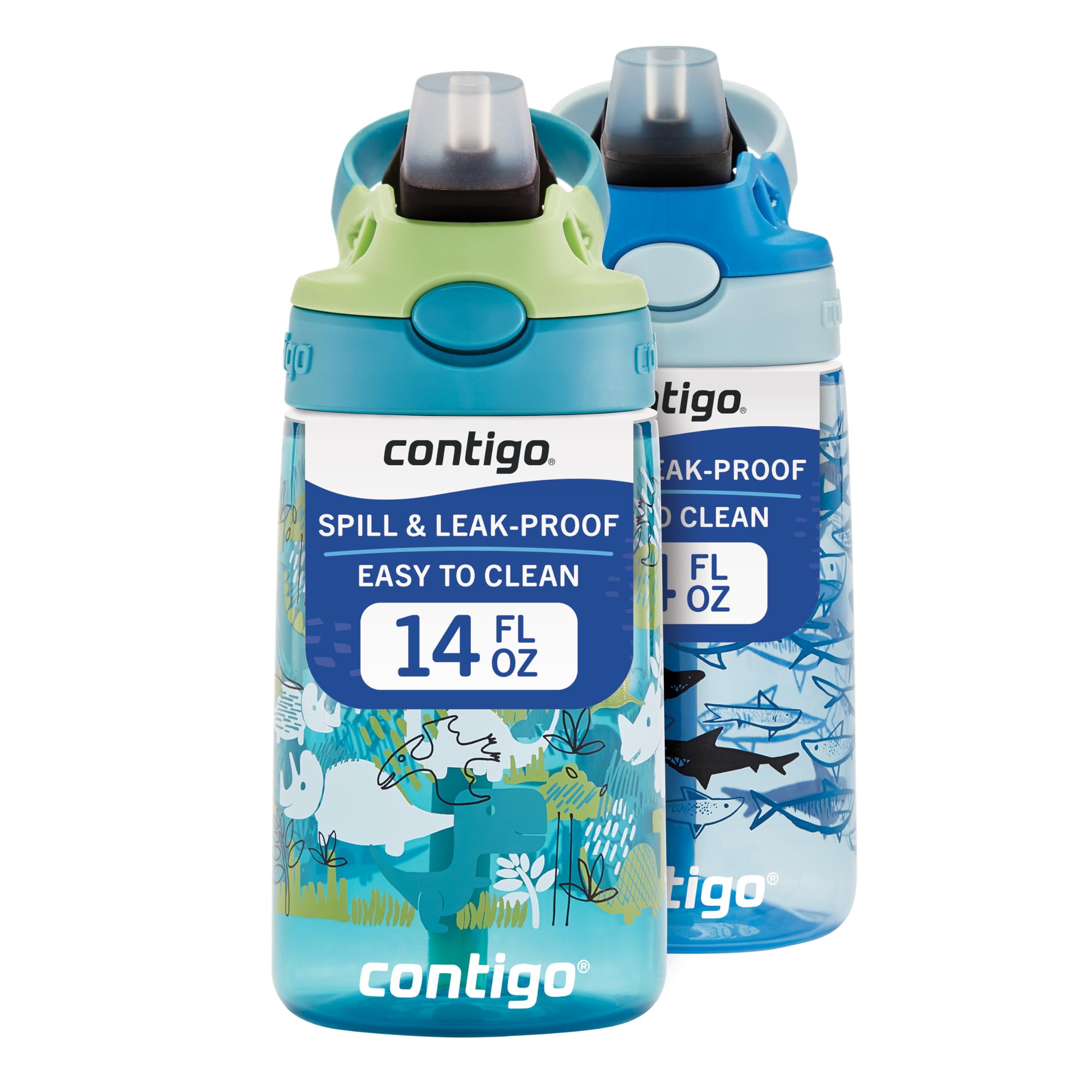 Contigo Aubrey Kids Water Bottle, Dinos & Sharks, 14oz, 2-Count | Spill-Proof Li