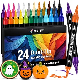 Pagather Acrylic Paint Markers, 24 Colors Dual Tip Fine & Brush Pens Set | For Rocks, Fabric, Wood, Glass & More, Perfect for DIY Crafts and Creative Art Projects with Bright, Smooth and Quick-Dry Ink