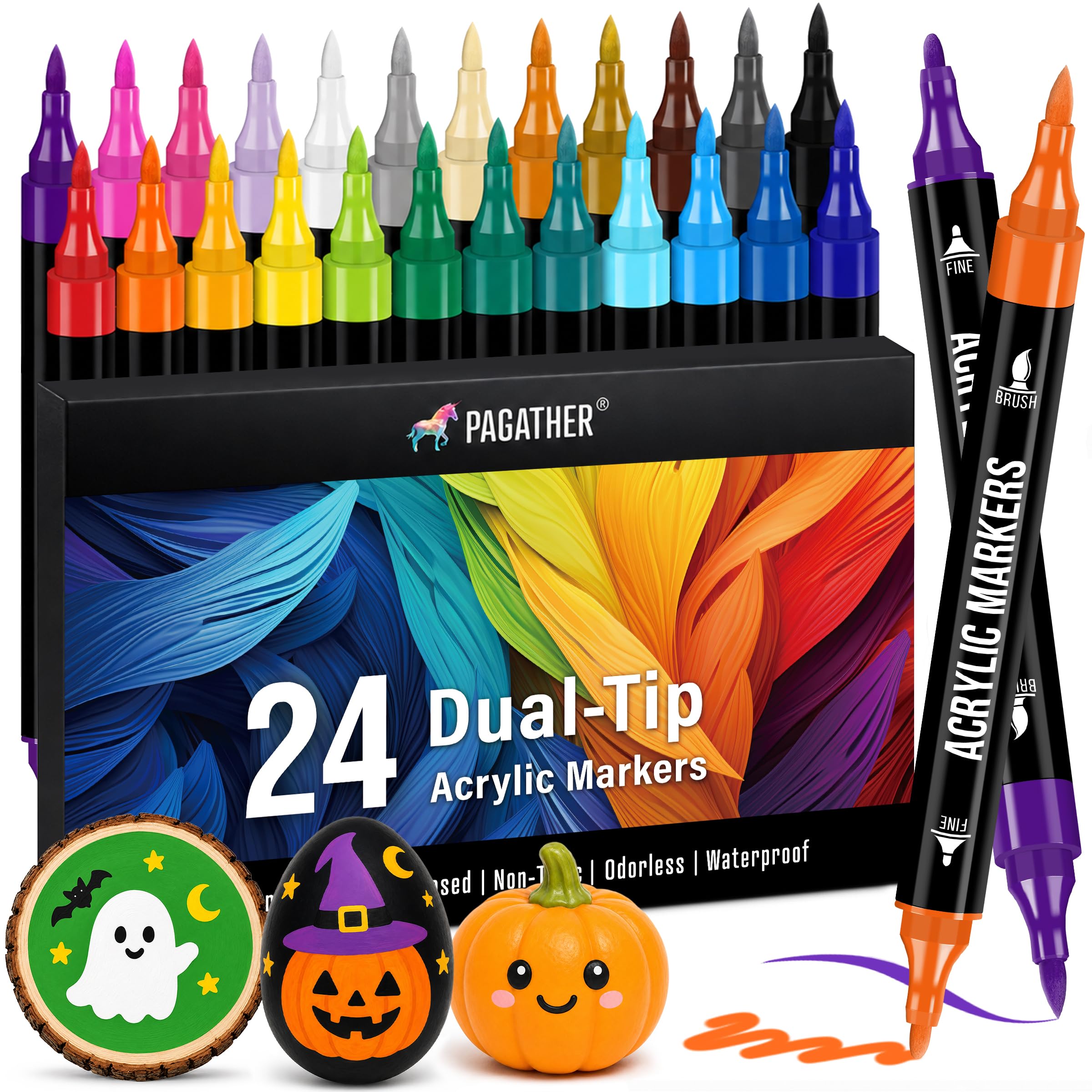 Pagather Acrylic Paint Markers, 24 Colors Dual Tip Fine & Brush Pens Set | For R