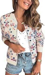 ECOWISH Women's Casual Floral Zip Up Bomber Jacket Lightweight Coat Short No Lining Quilted Outwear Tops Pocket Thin Outfit
