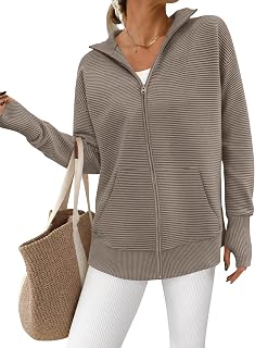 PRETTYGARDEN Autumn 2025 Women Cardigan Long Sleeve Zip Casual Sweaters Loose Collar Ribbed Tops Jackets Thumb Hole