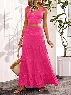 Hot Pink Ruffle Crop Top & Ruffle Long Skirt Smocked Summer 2 Piece Set