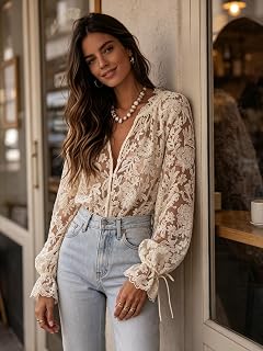 Women's Elegant Floral Embroidery Casual Party Top with Transparent Lace Long Bell Sleeves and Front Buttons, White