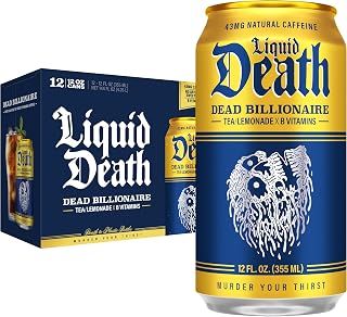 Liquid Death Iced Tea - Dead Billionaire (Black Tea/Lemonade), Less Sugar*, Boost of Caffeine, B Vitamins, No Artificial Sweeteners, 12 Fl Oz (Pack of 12)