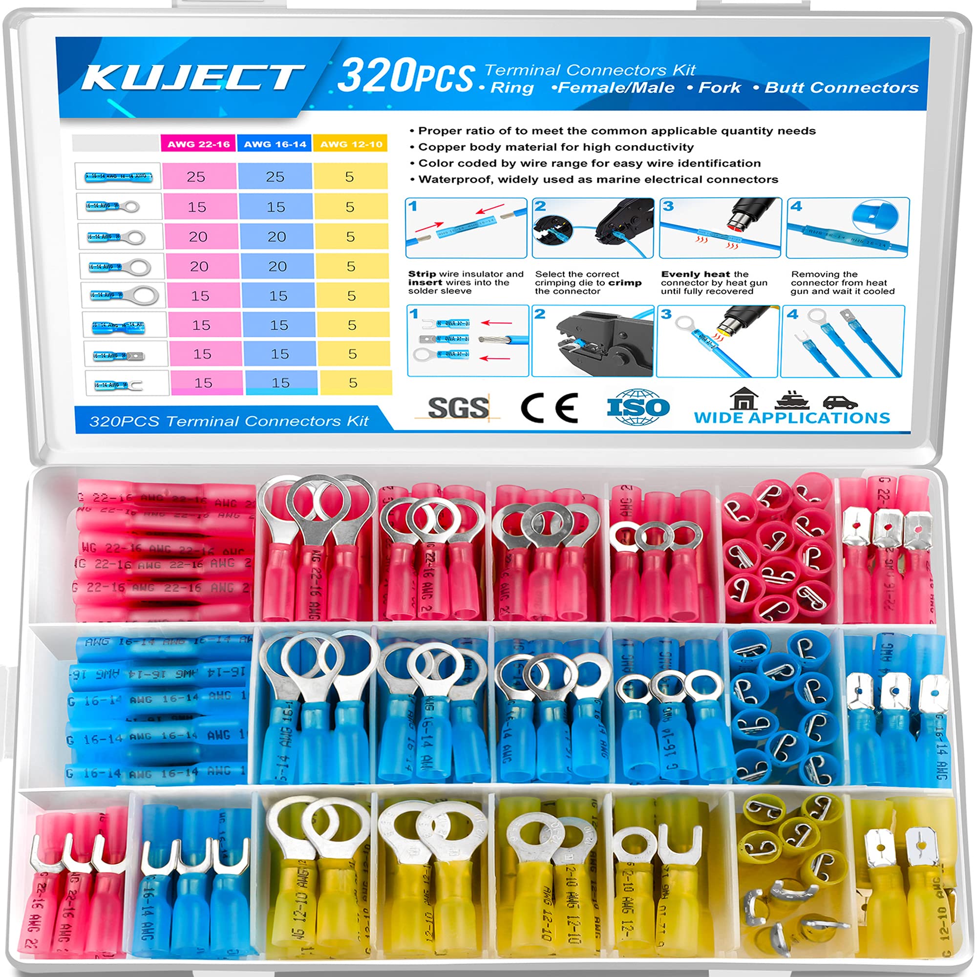 Kuject 320PCS Heat Shrink Wire Connectors Kit, Electrical Waterproof Crimp Butt 