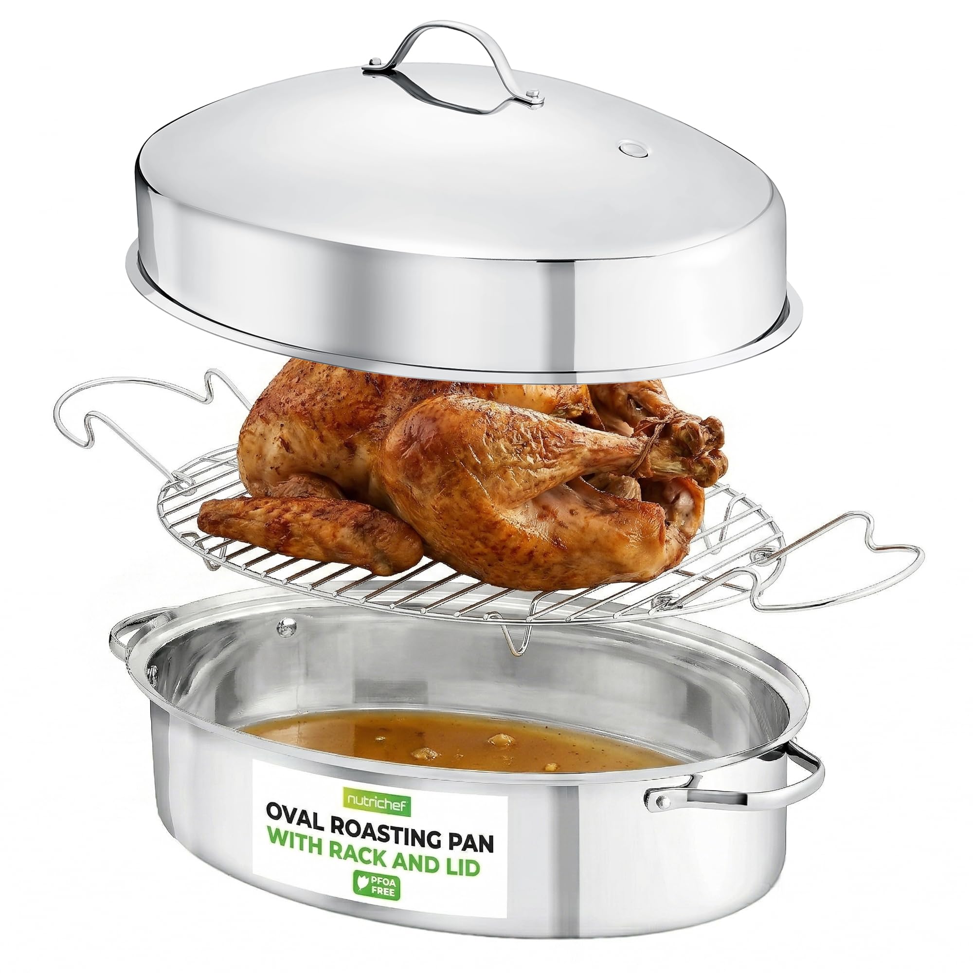 NutriChef 20" Oval Roasting Pan with Rack and Lid - Premium Stainless Steel Roas