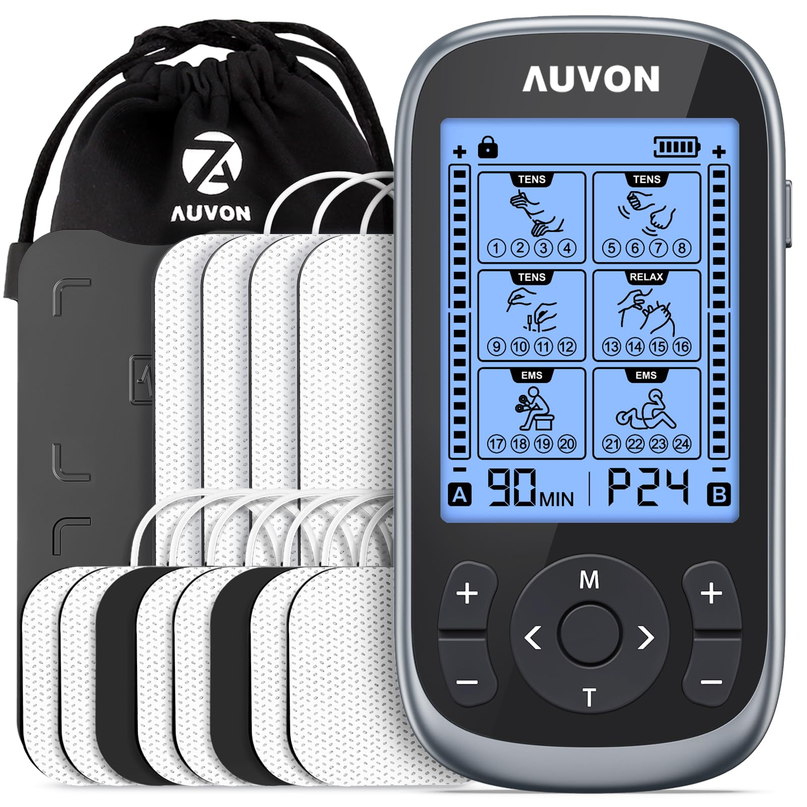 AUVON 3-in-1 TENS Machine, 40 Levels for Gradual Pain Relief, 12 TENS Pads | TEN