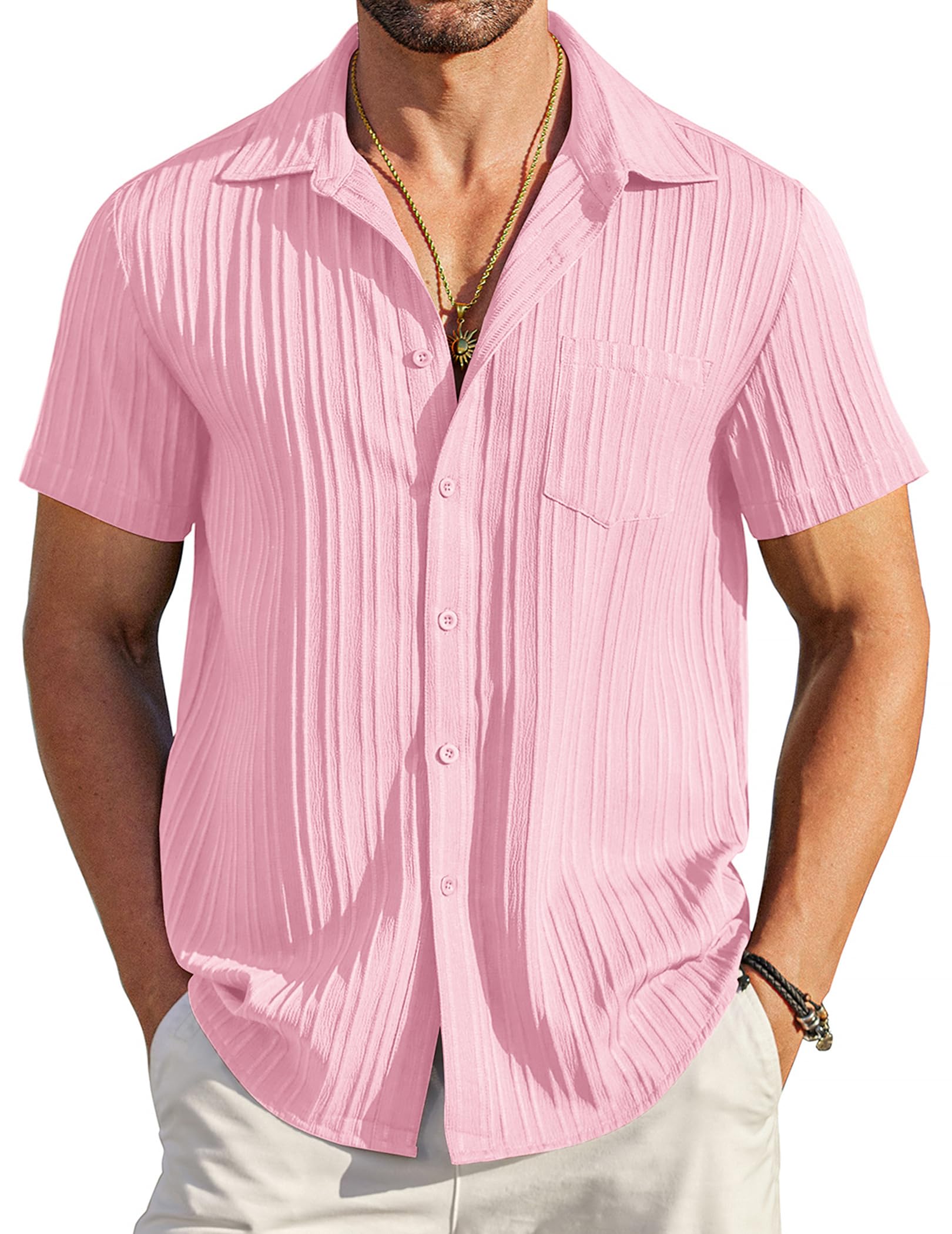 COOFANDY Men's Casual Button Down Shirts Short Sleeve Textured Summer Beach Shir