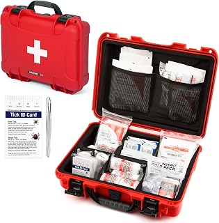 NANUK 910 Waterproof First Aid Kit 146pcs – Durable, Pre-Stocked First Aid Emergency Kit with Bandages, Tick Removal Tool, and More – Dustproof, Impact-Resistant, Floats (14.3" x 11.1" x 4.7") – Red