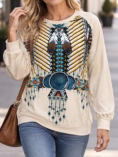 Women Casual Fashion Crewneck Pullover Sweatshirt - Western Ethnic Style Vintage Print Top