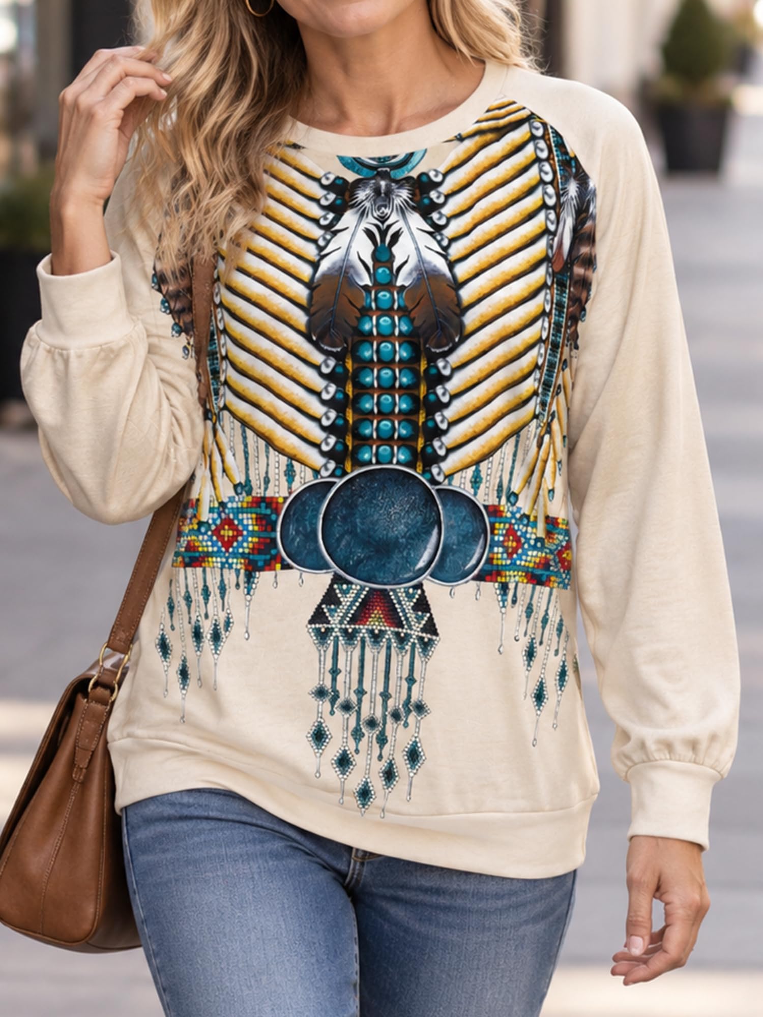 Women Casual Fashion Crewneck Pullover Sweatshirt - Western Ethnic Style Vintage
