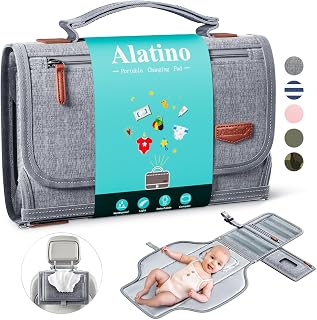 Alatino Portable Diaper Changing Pad, Wipe Clean, Large 25x22, Grey | Cushioned With Built-In Pillow, Waterproof, Lightweight &amp; Compact For Travel, Car &amp; On-The-Go Changes