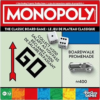Monopoly Board Game | Classic Game with Storage Tray and Larger Tokens | Ages 8+ | 2 to 6 Players | Family Games for Kids and Adults | Kids Gifts (English & French)