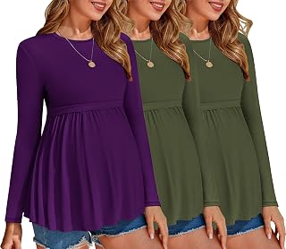 Ekouaer Paquete de 3 camisetas de maternidad plisadas de manga larga para embarazo